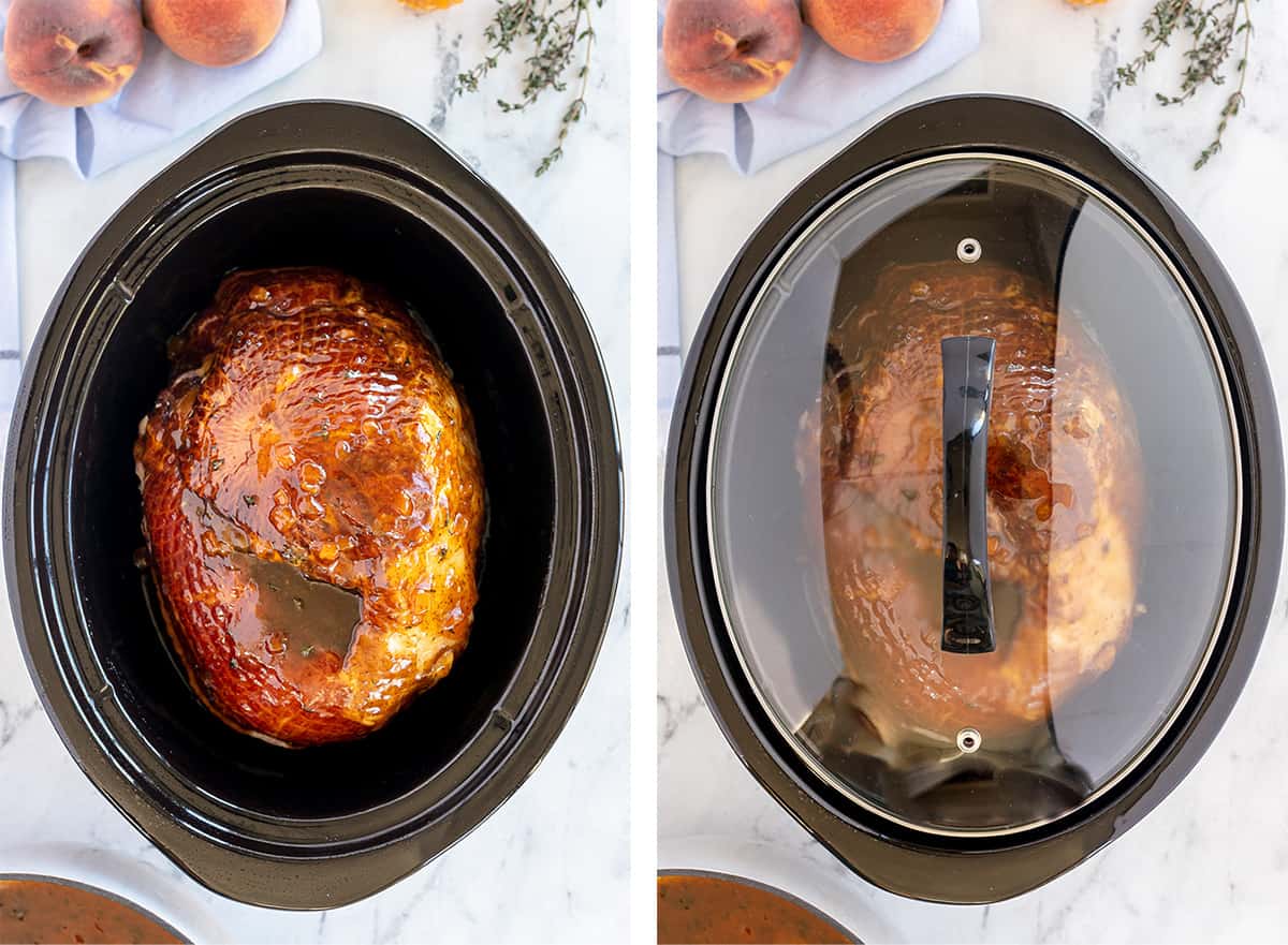 Ham cooking in a slow cooker with glaze.