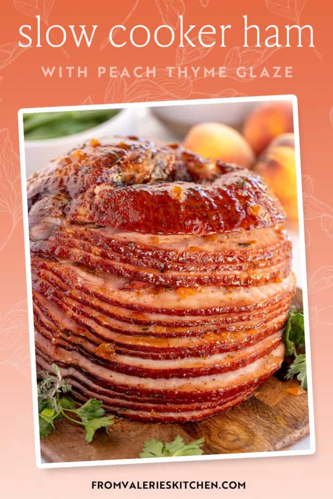 A slow cooker spiral ham with text overlay.