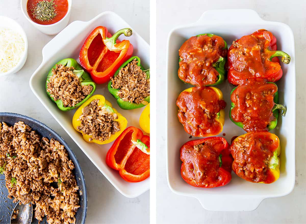 Peppers stuffed with ground beef and rice and topped with tomato sauce.