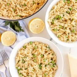 Orzo with Peas and Parmesan in a skillet and two bowls.