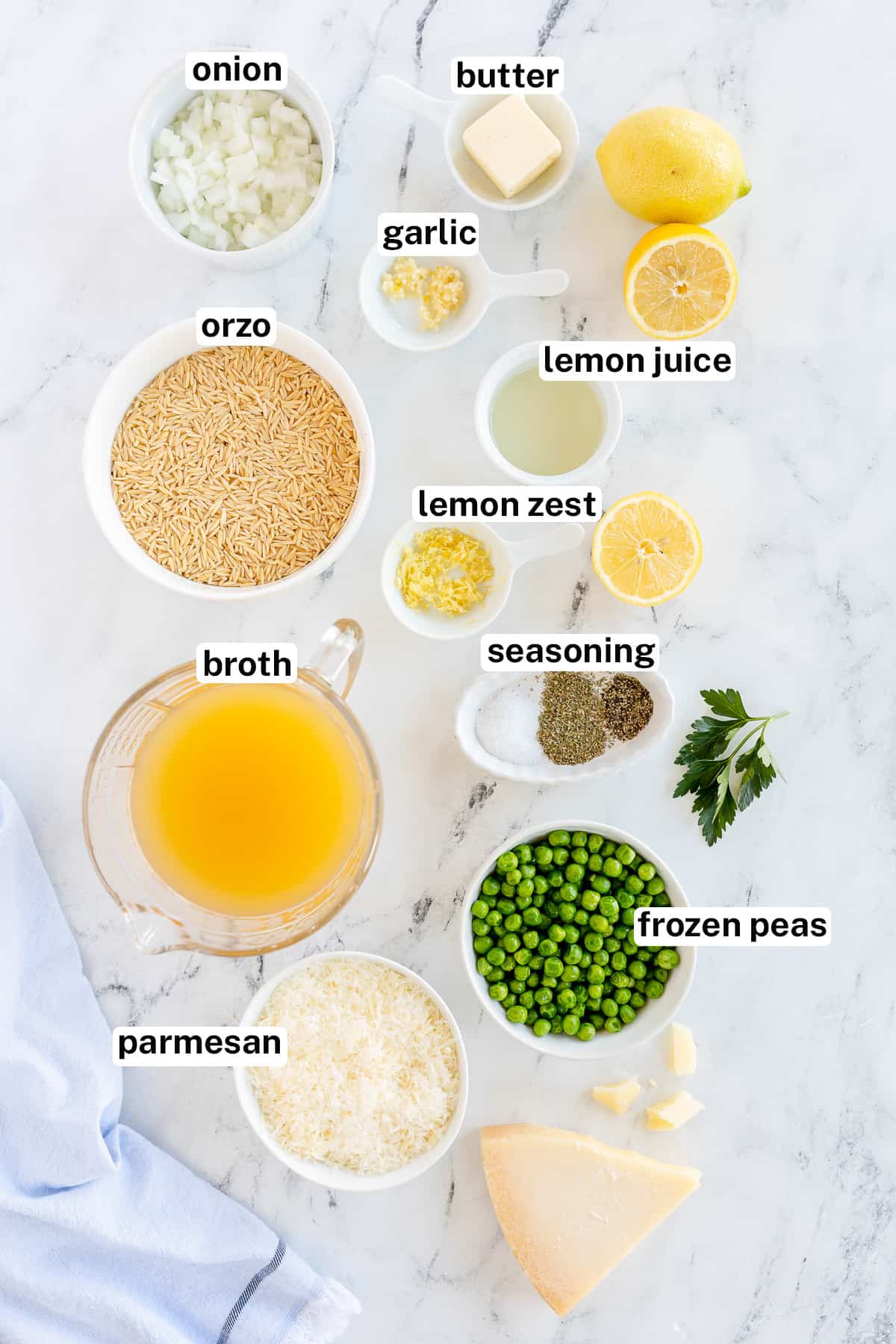 Ingredients for Orzo with Peas and Parmesan with text.