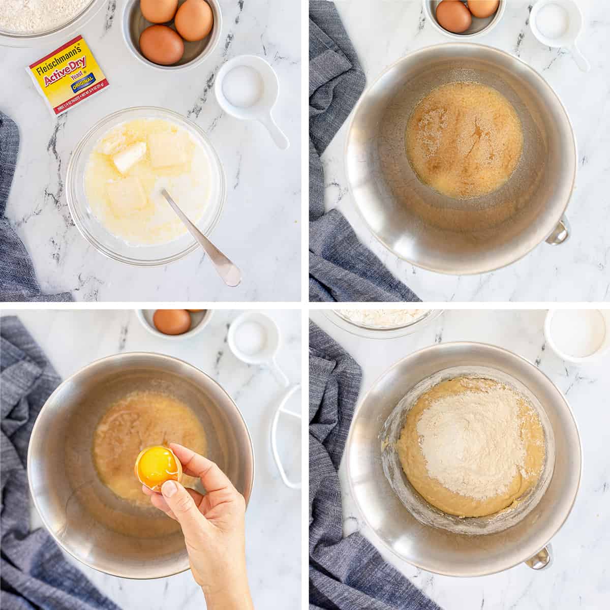 Melted butter, yeast, and eggs are combined in the bowl of a stand mixer.