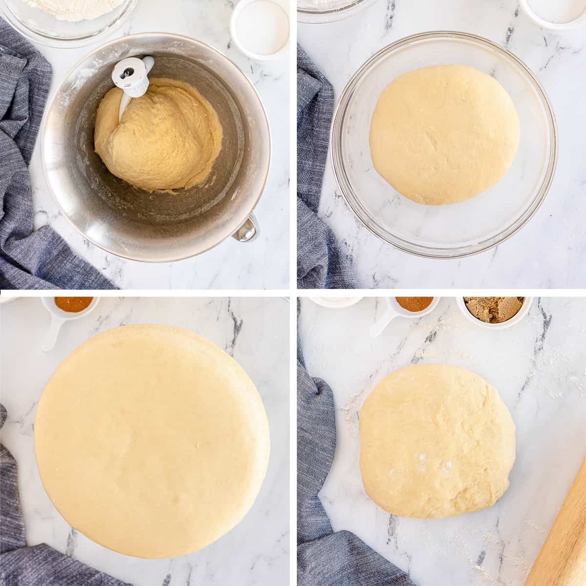 Dough in the bowl of a mixer and in a glass mixing bowl before and after rising.