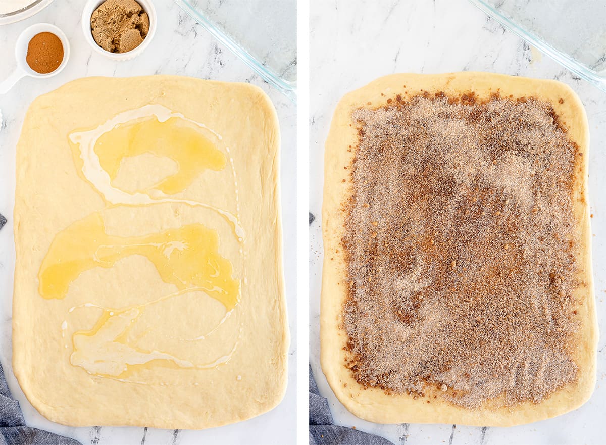 Dough in the shape of a rectangle topped with butter, sugar and cinnamon.