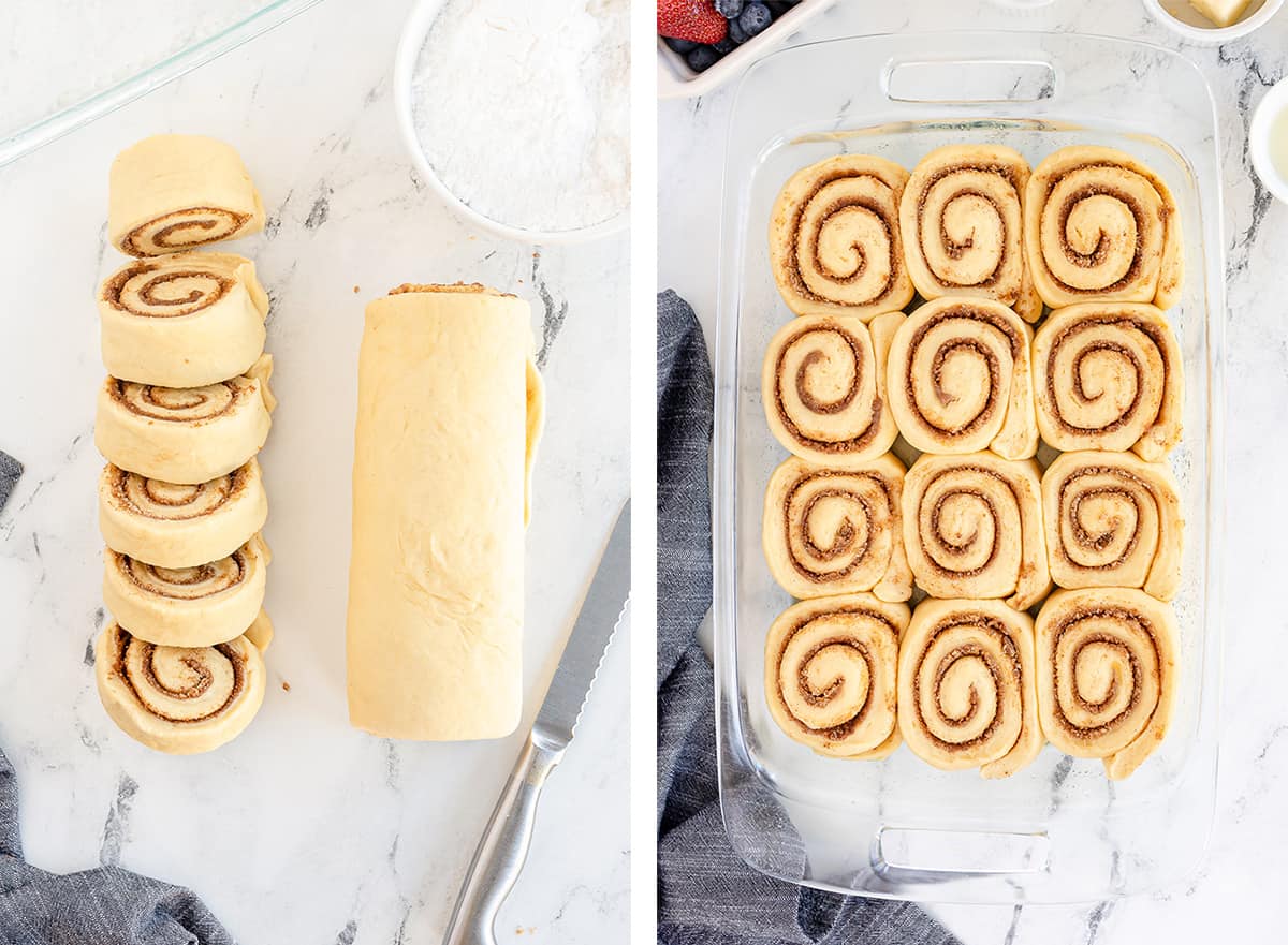 Sliced cinnamon roll dough on a counter and in a baking pan.