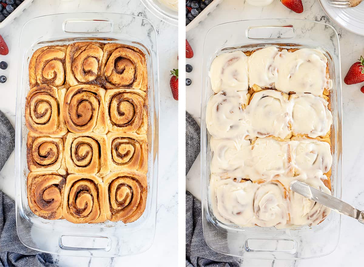 Baked cinnamon rolls topped with cream cheese frosting.