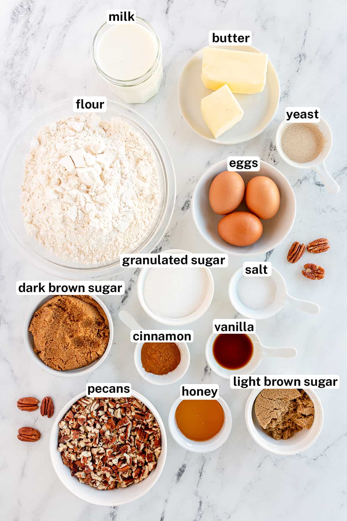 Ingredients for Pecan Sticky Buns with text.