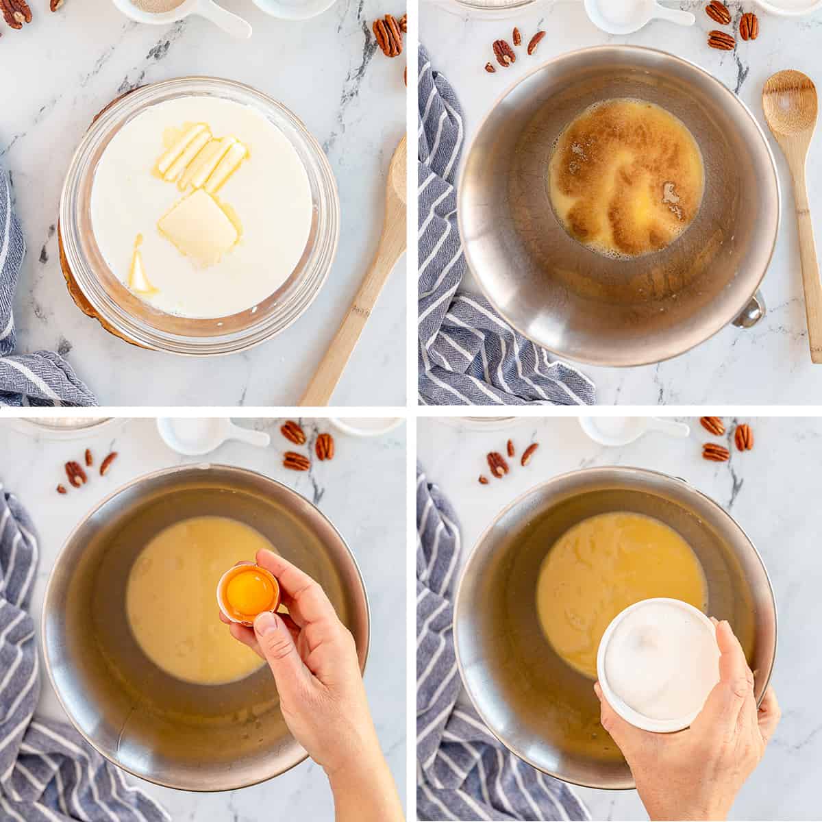 Dough ingredients are added to a stand mixer bowl.