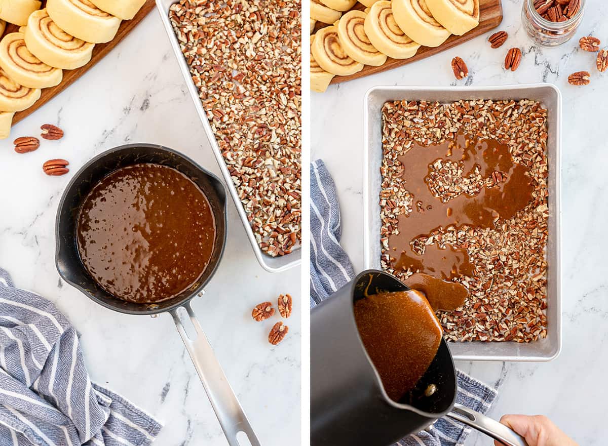 Caramel mixture in a saucepan and pouring over pecans in a baking pan.