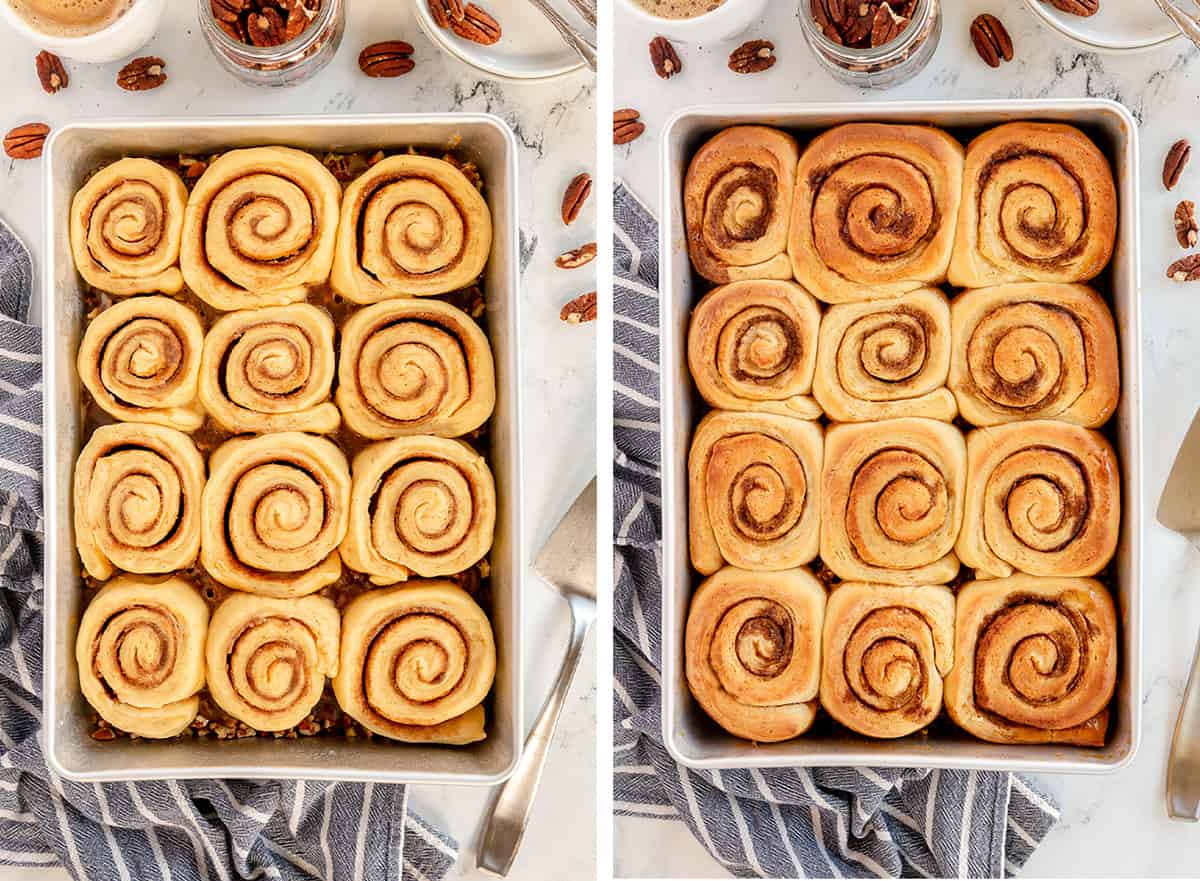 Pecan Sticky Buns after baking in a metal pan.