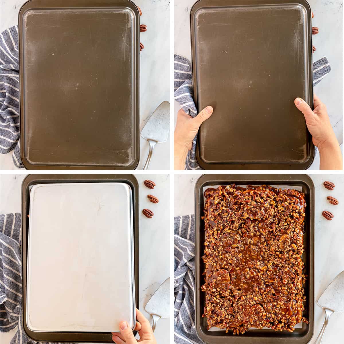 Pecan Sticky Buns being inverted on a baking sheet.