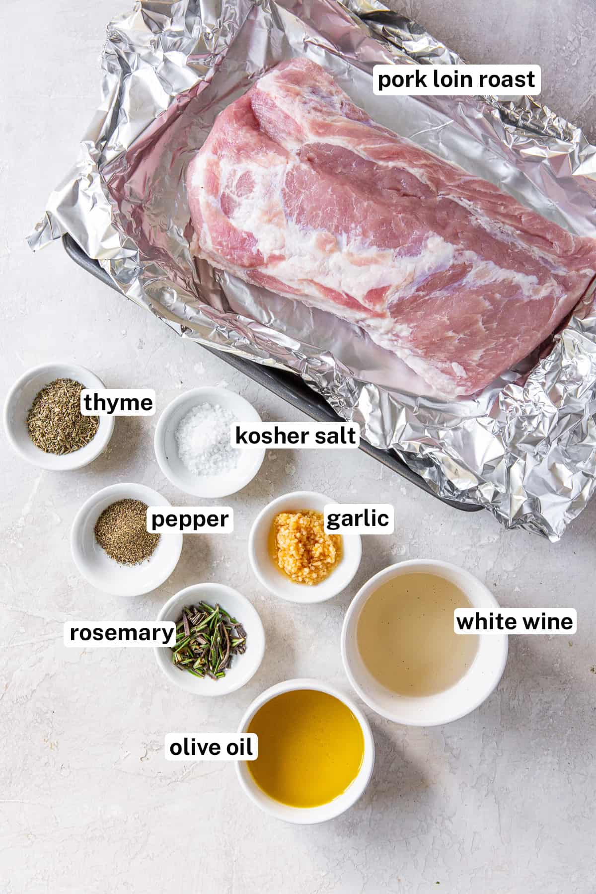 Ingredients for pork loin roast with text.