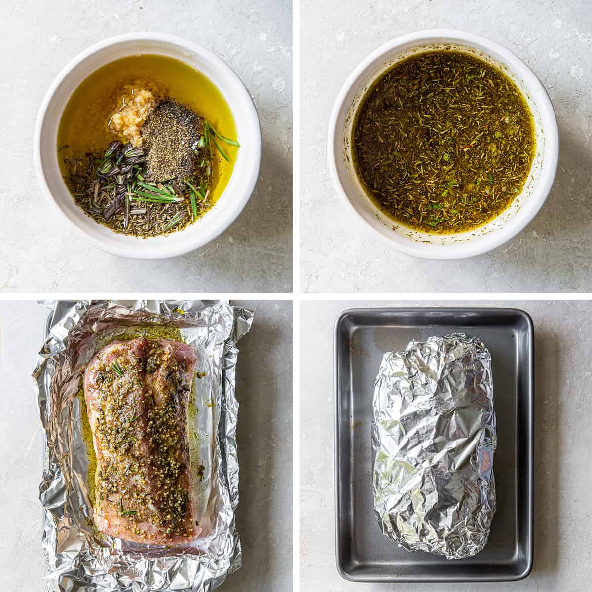 An oil and herb mixture on a pork loin roast in foil.