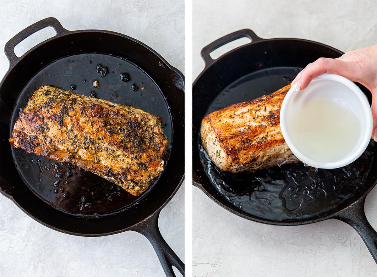 A pork loin roast in a skillet.