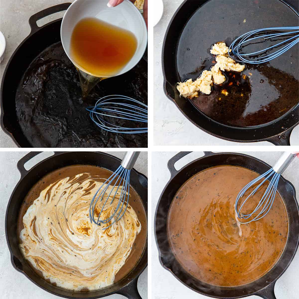 Pork gravy being whisked in a skillet.