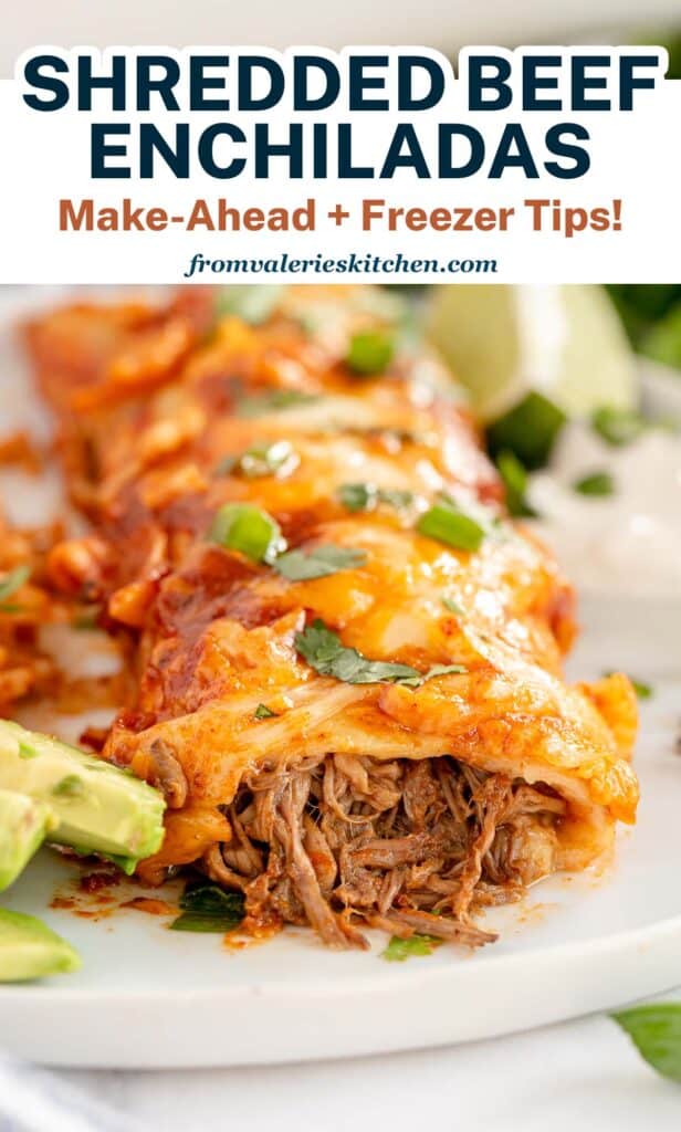 A close up of a beef enchilada with text.