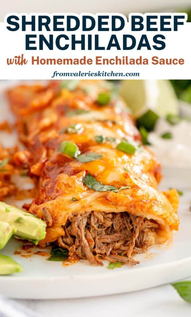 A close up of a beef enchilada with text.
