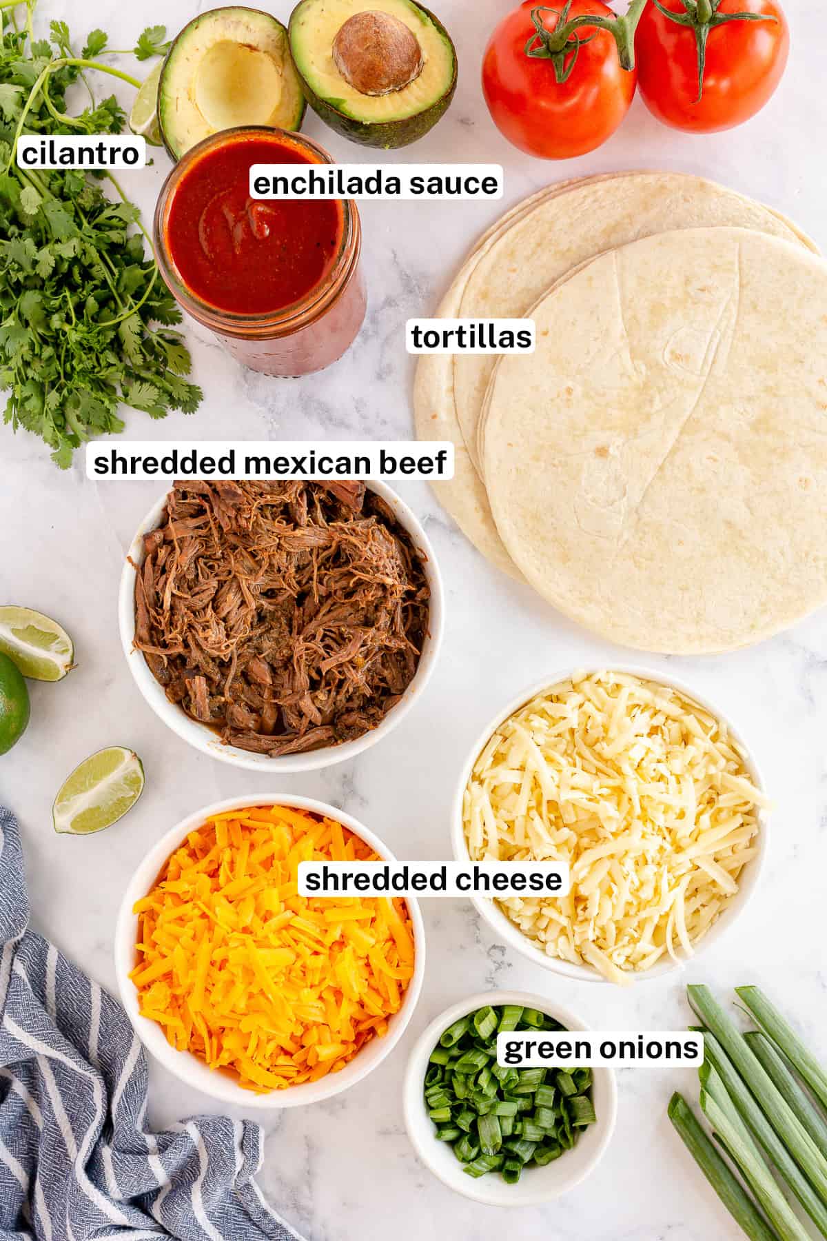 Ingredients to make shredded beef enchiladas with text.