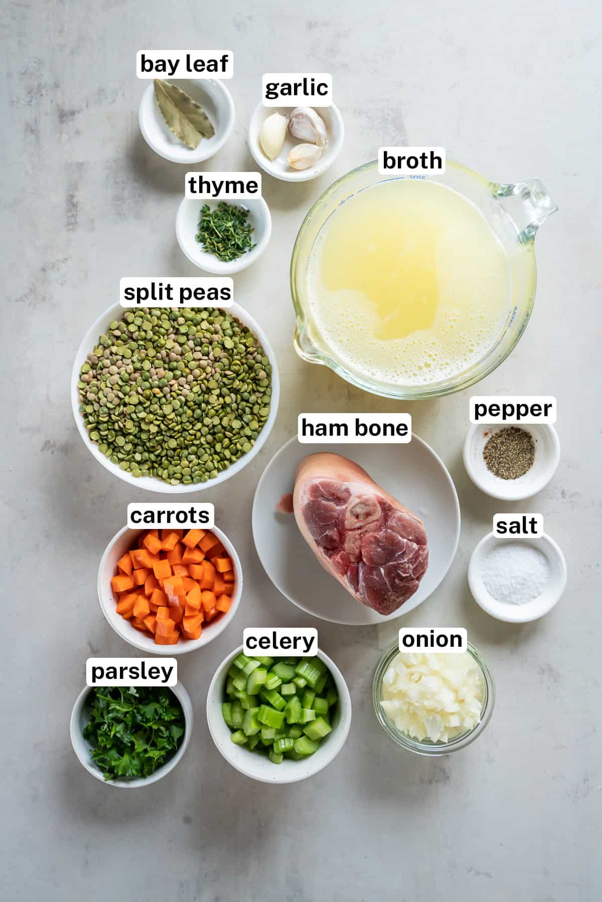 The ingredients to make split pea soup with text.