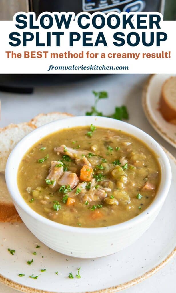 A bowl of split pea soup with ham with text.