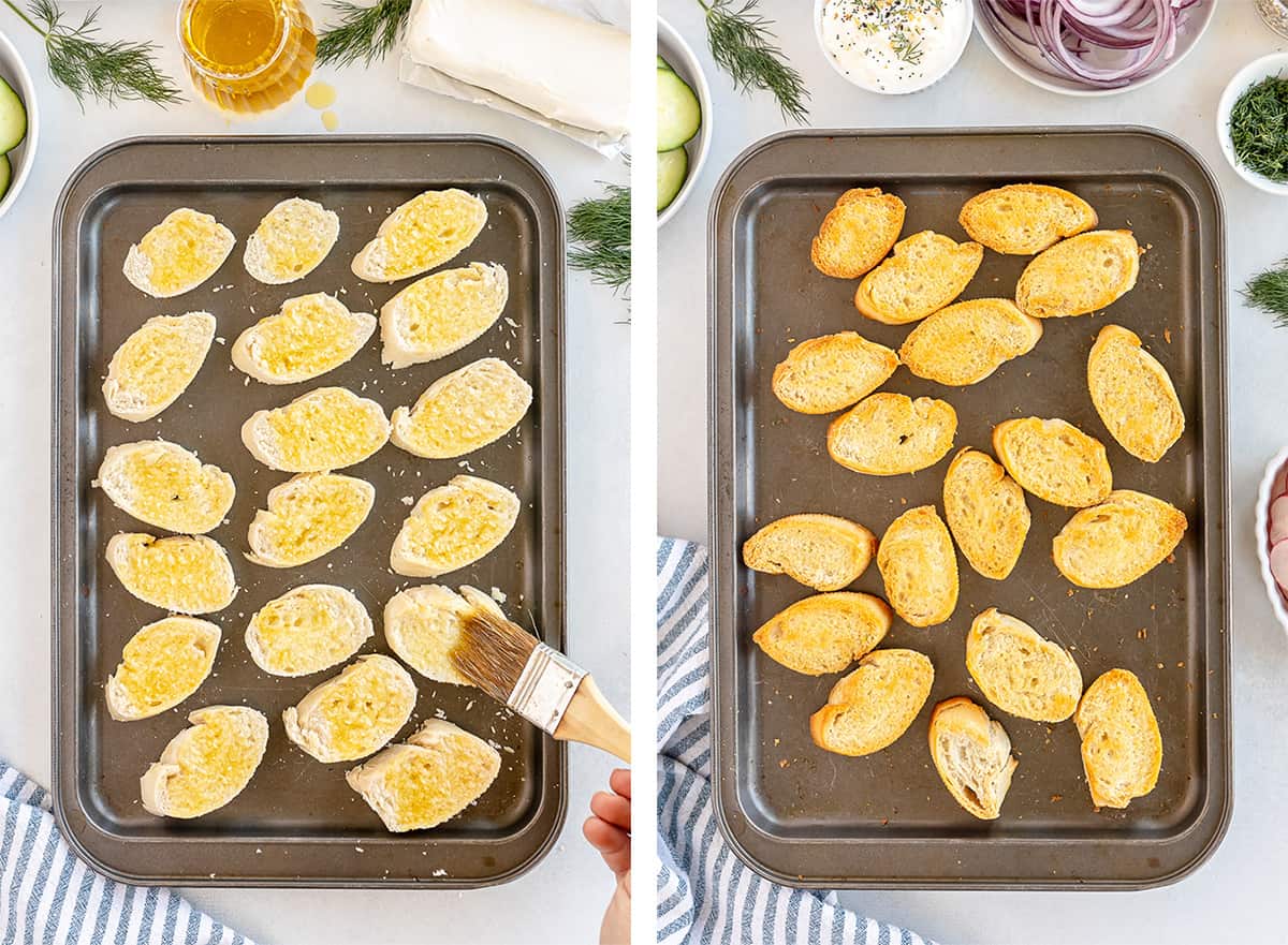 Slices of French bread coated with oil on a baking sheet for crostini.