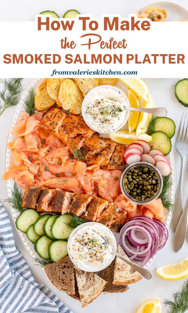 A smoked salmon platter with crostini and cream cheese spread with text.