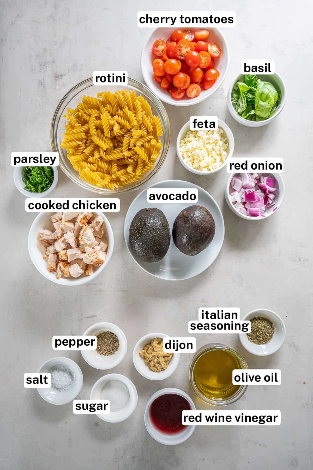 Ingredients for Chicken Avocado Pasta Salad with text.