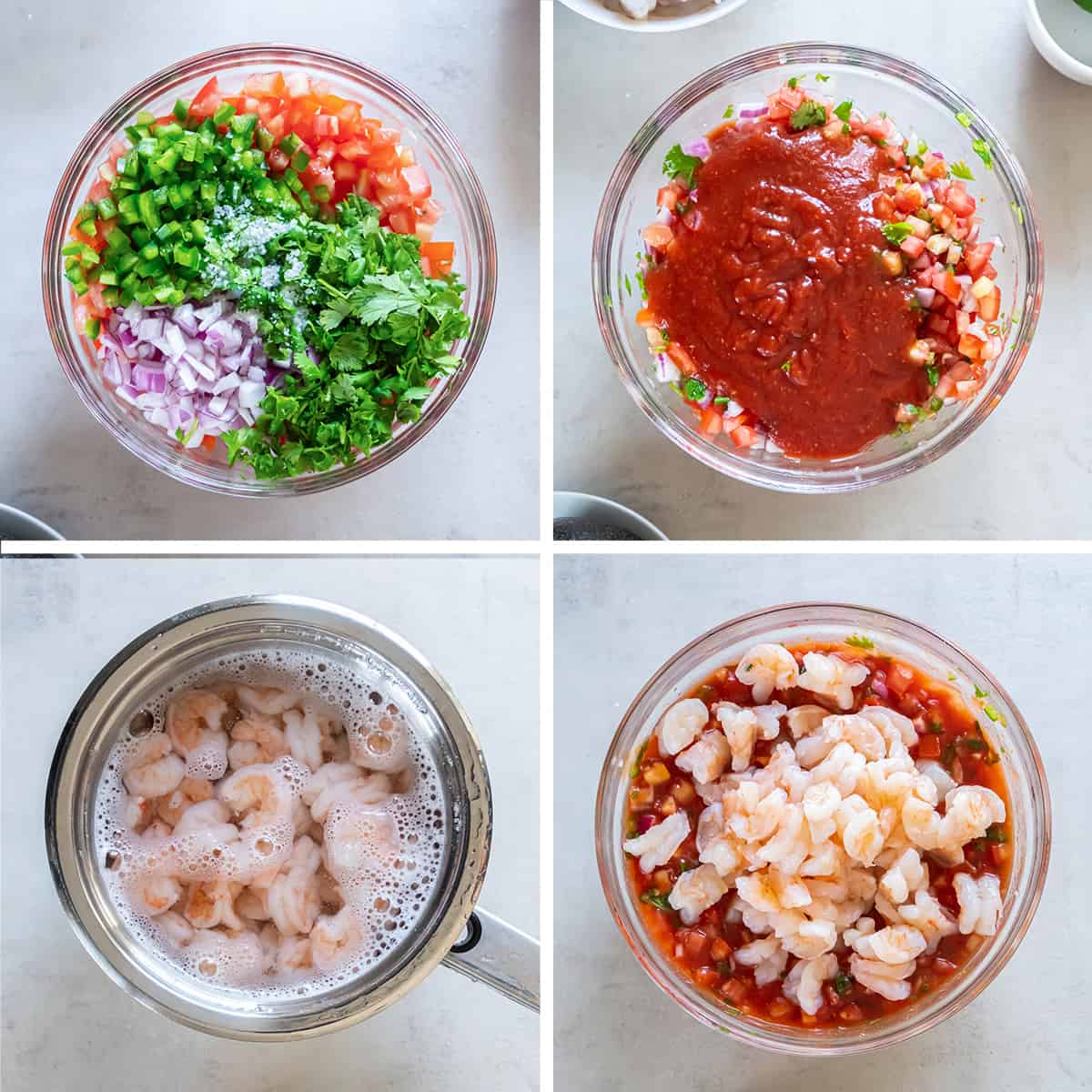 Tomato and ingredients combined with cocktail sauce and shrimp in a glass bowl.