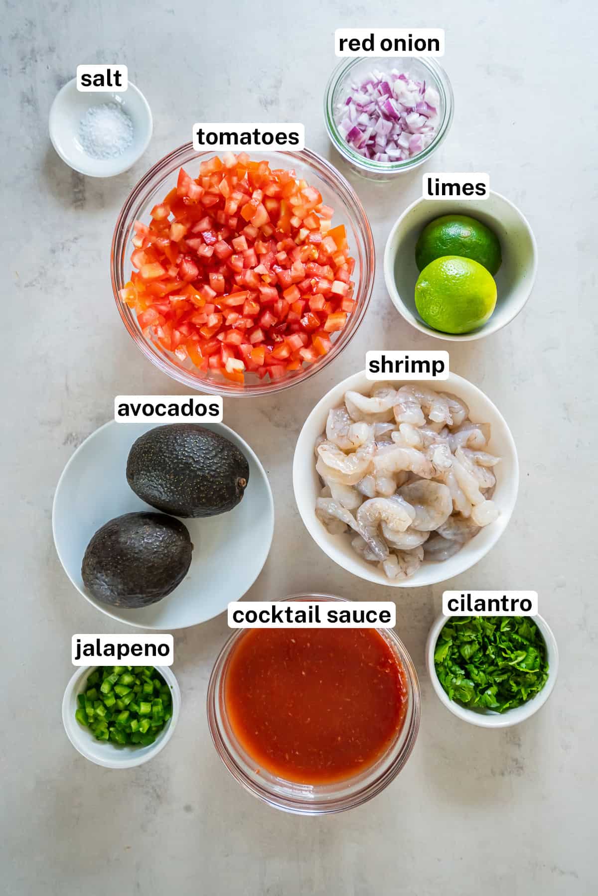 The ingredients for Mexican Shrimp Cocktail with text.