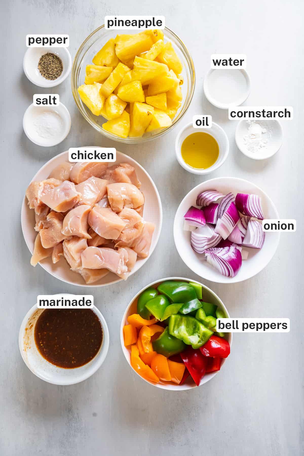 The ingredients for Pineapple Chicken Kabobs with text.