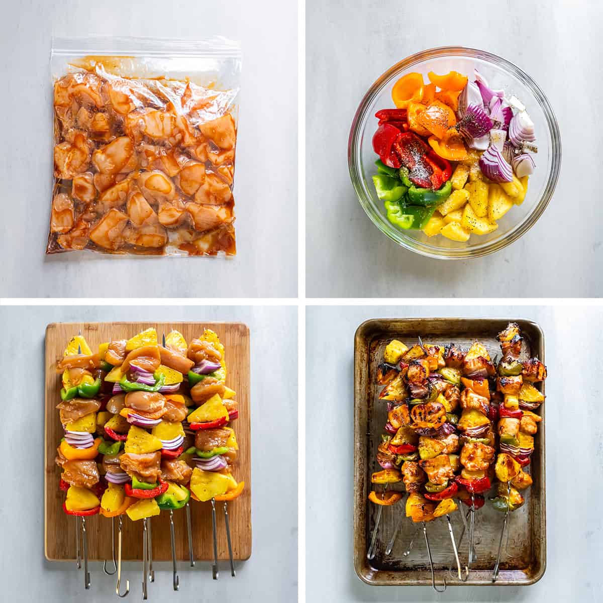 Chicken and marinade in a plastic bag and on skewers with pineapple and bell peppers.