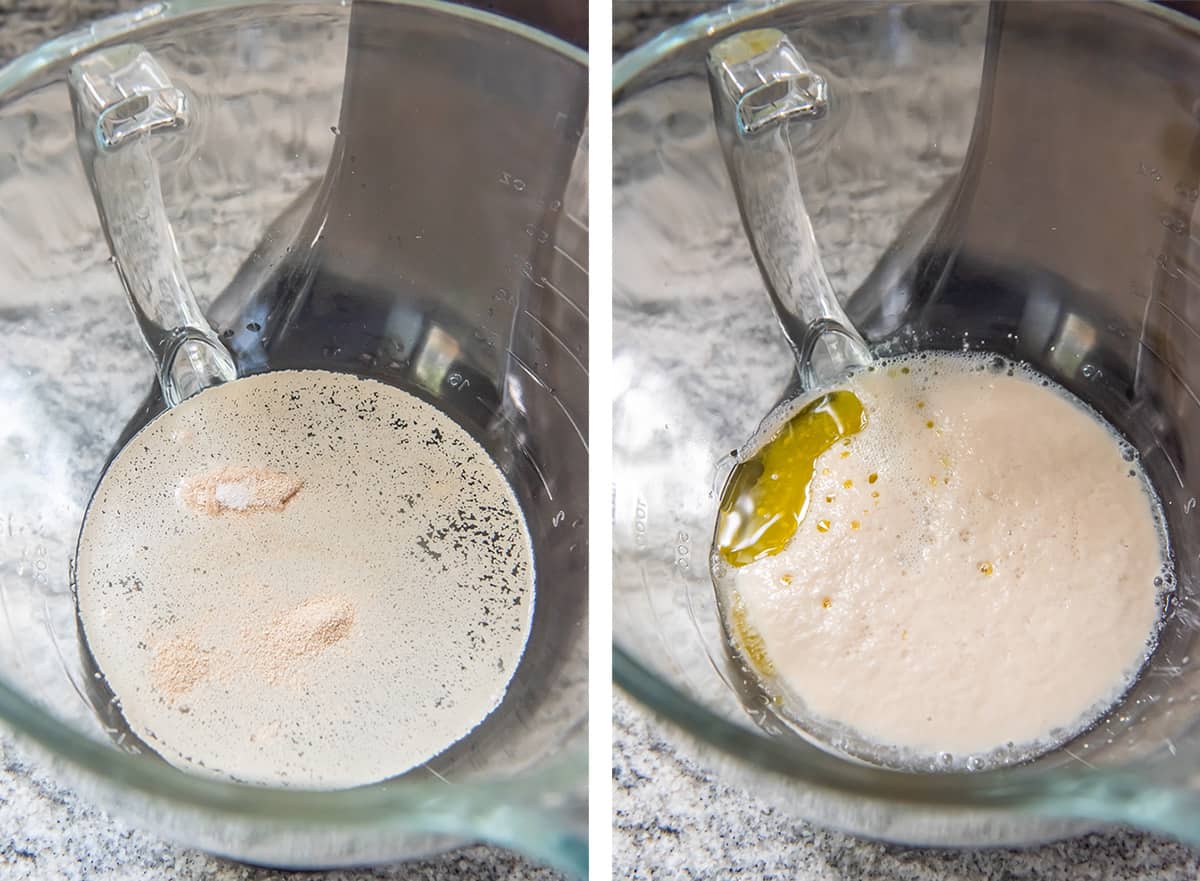 Yeast activating in a stand mixer bowl.