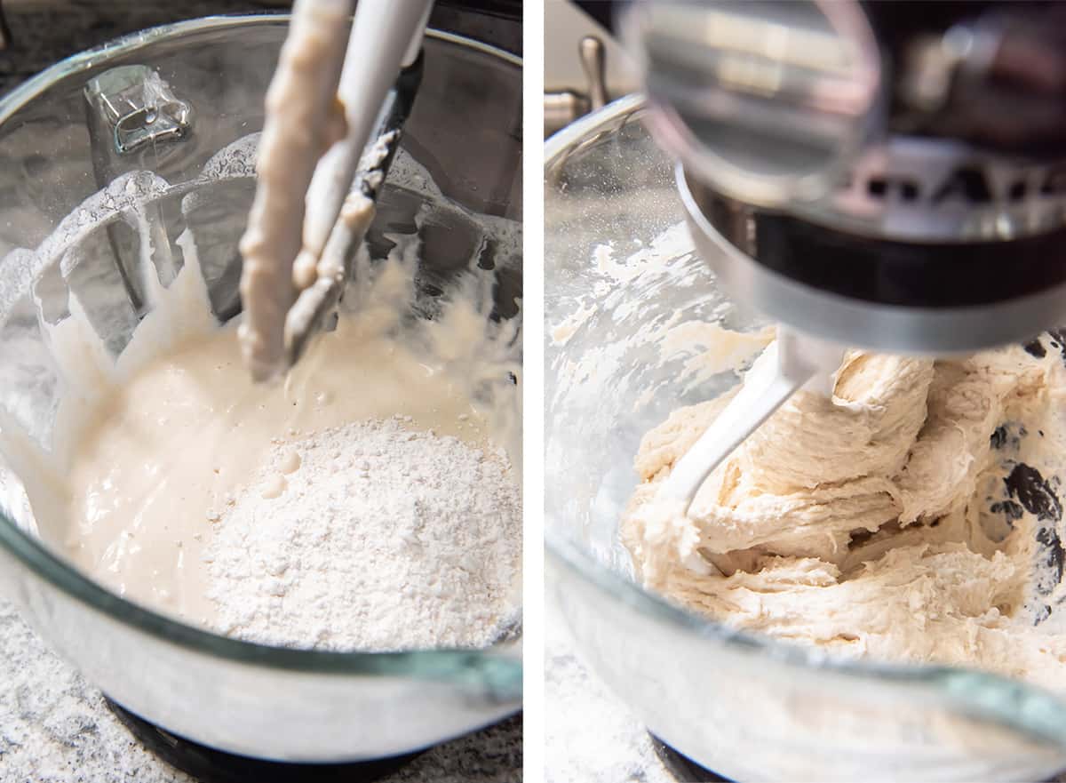 Flour being mixed into pizza crust dough in a stand mixer.