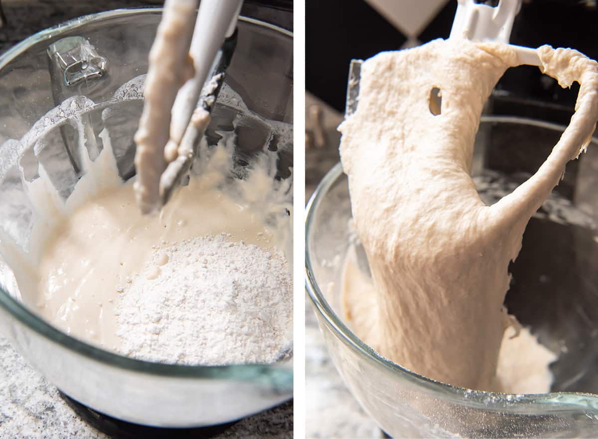 Flour, yeast and water mix in a stand mixer.