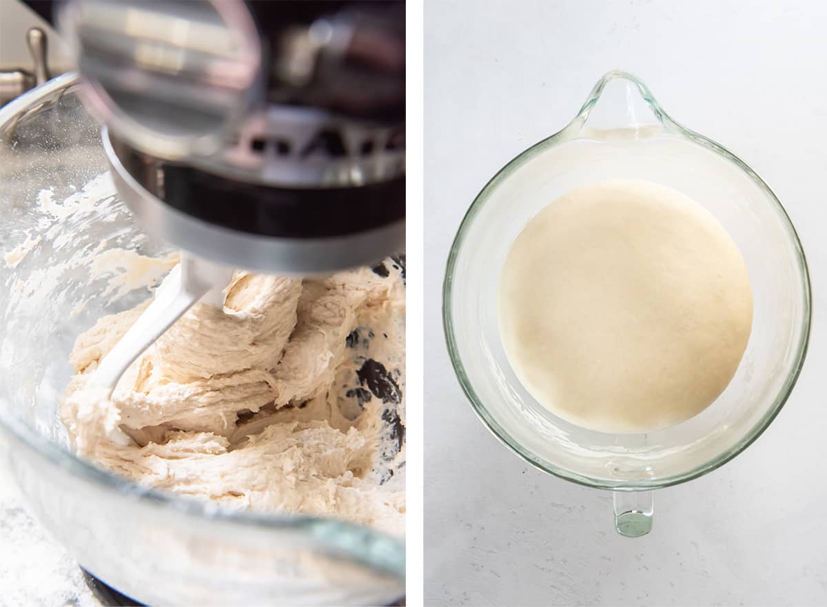 Pizza dough in a mixer and in a bowl.