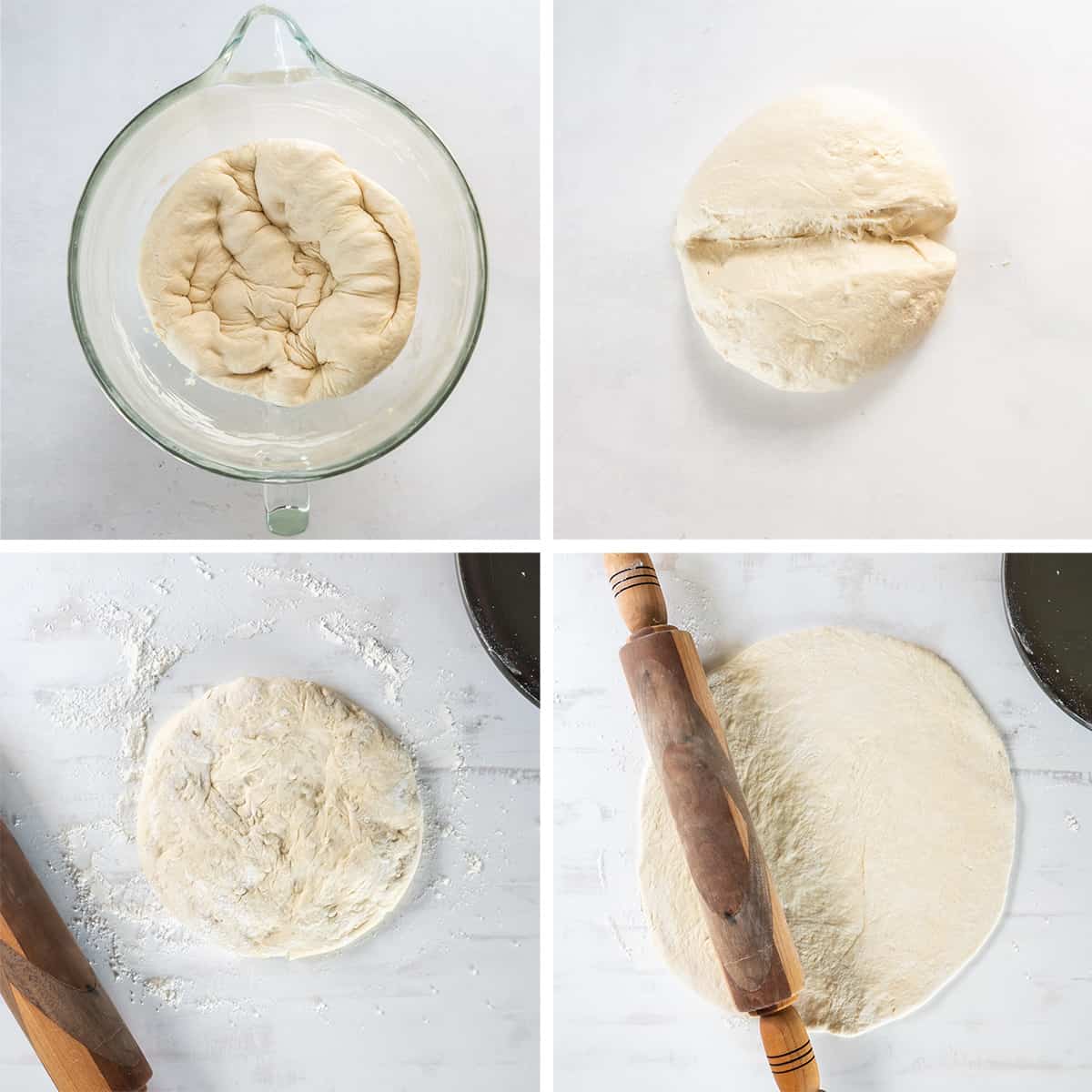 Pizza dough rolled into a circle with a rolling pin.