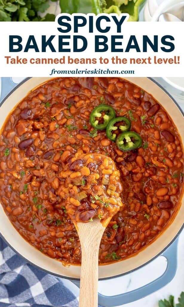 A wooden spoon holding a scoop of baked beans with text.