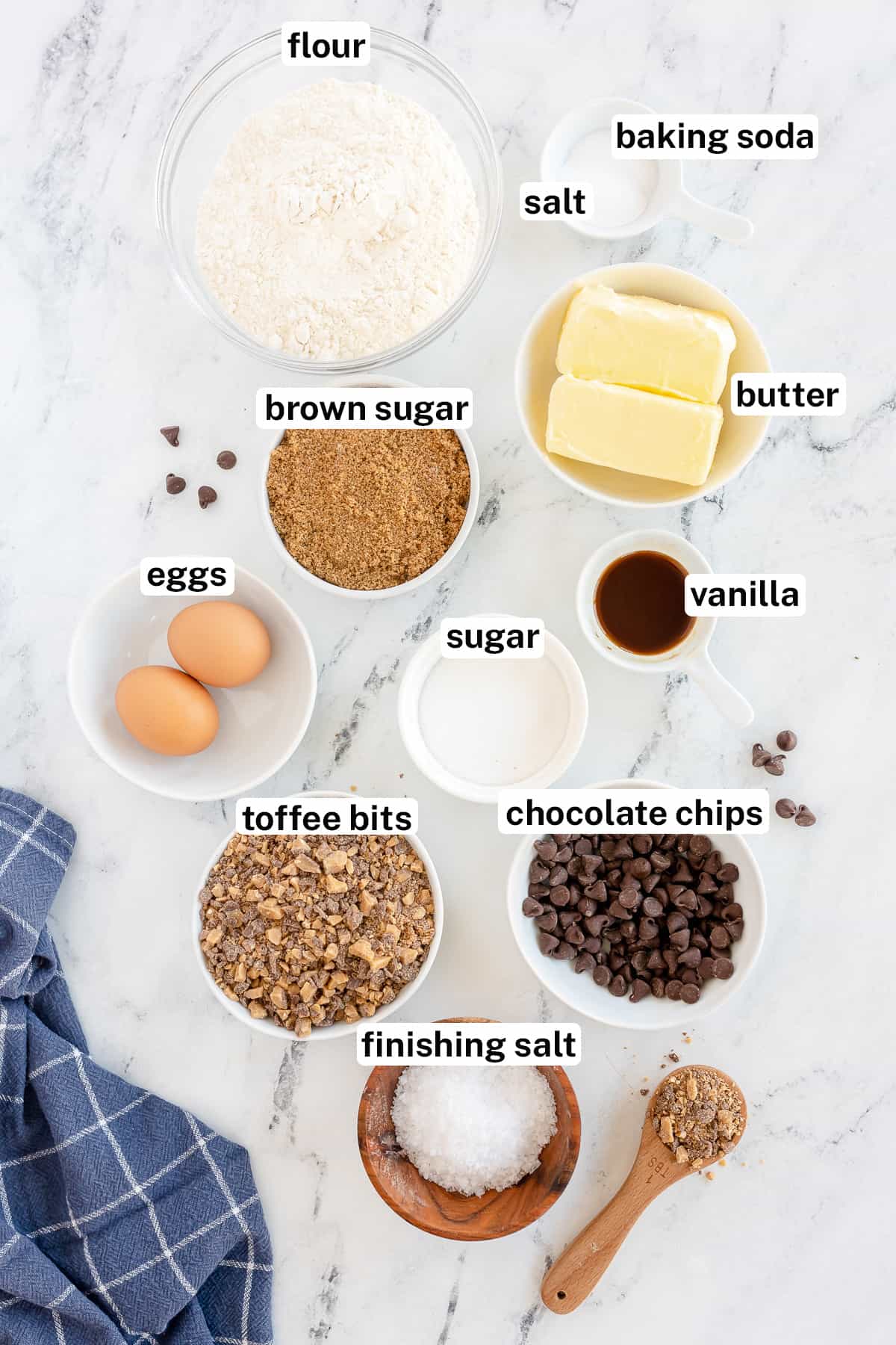 The ingredients for Toffee Chocolate Chip Cookies with text.