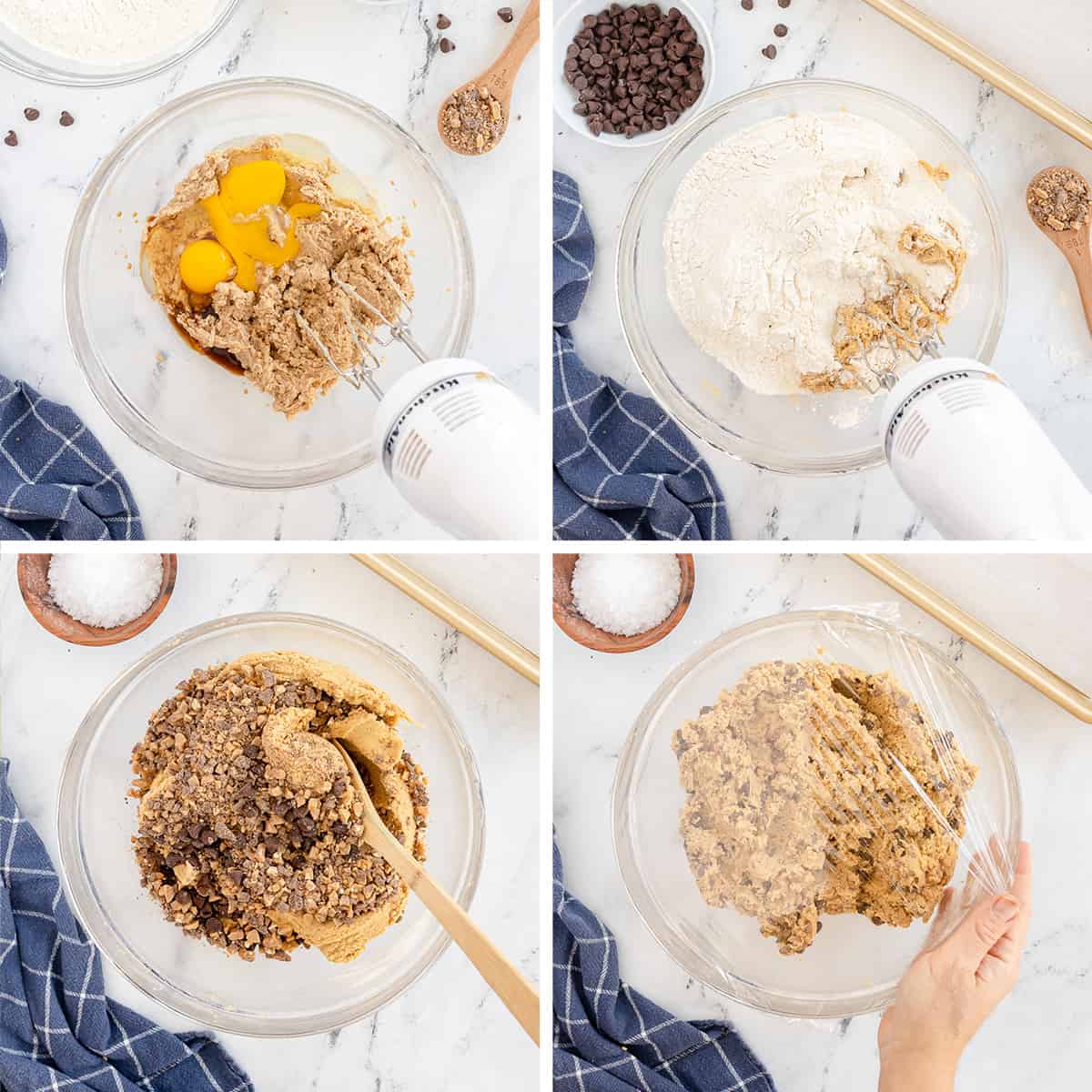 Cookie dough is mixed in a clear glass bowl.