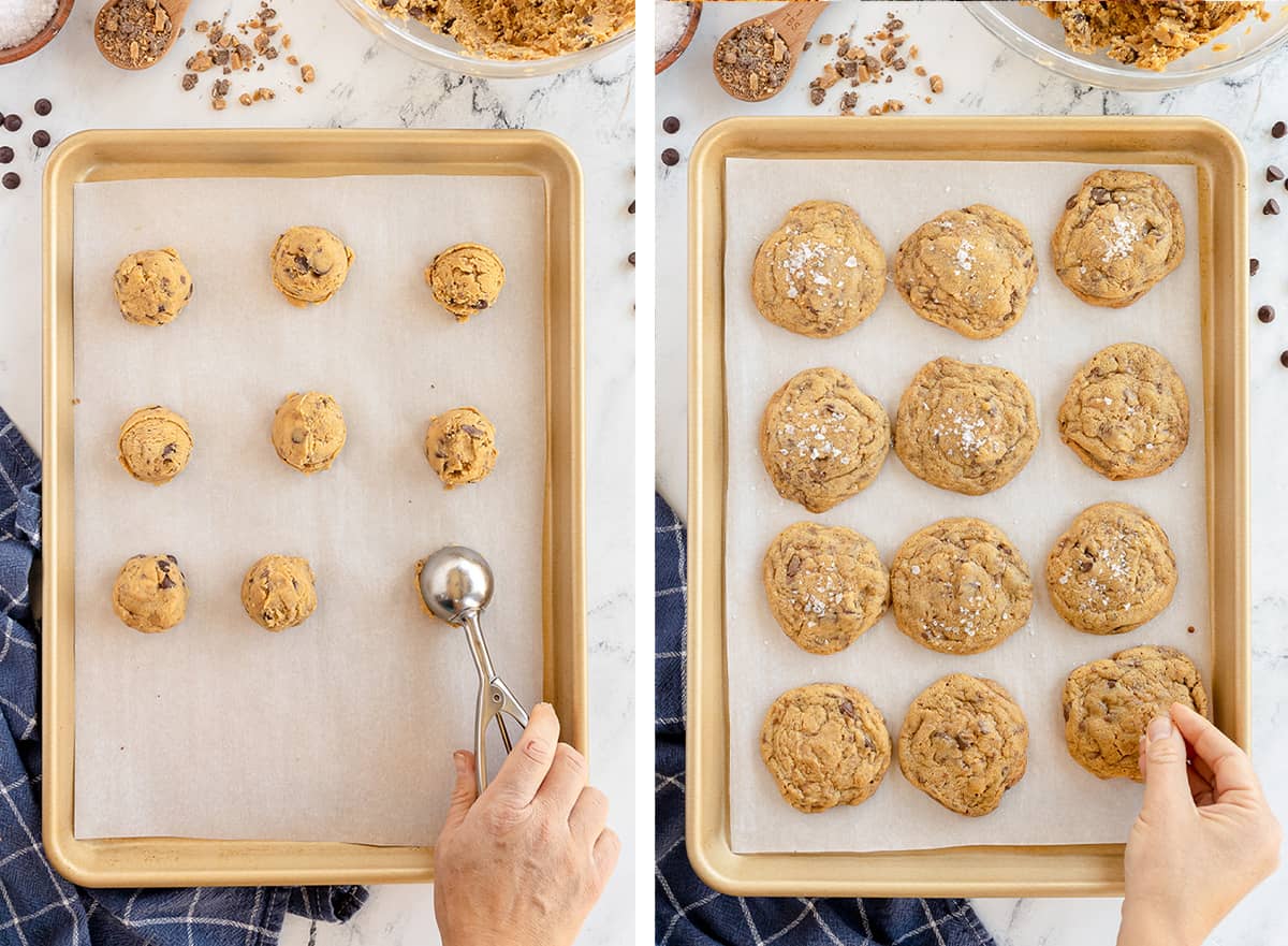 Dough is placed on a baking sheet with a cookie scoop and finished with finishing salt.