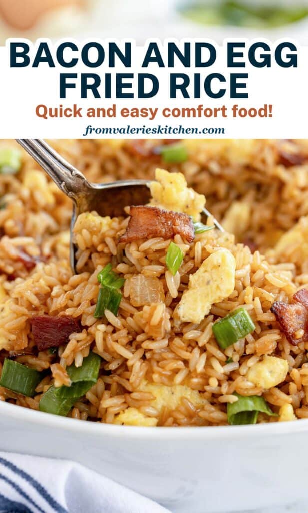 A spoon scooping bacon and egg fried rice from a skillet with text overlay.