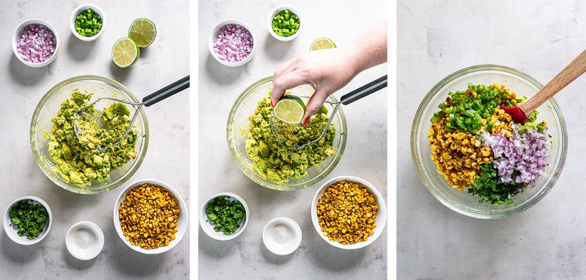 Avocado, corn and other ingredients being combined in a mixing bowl.