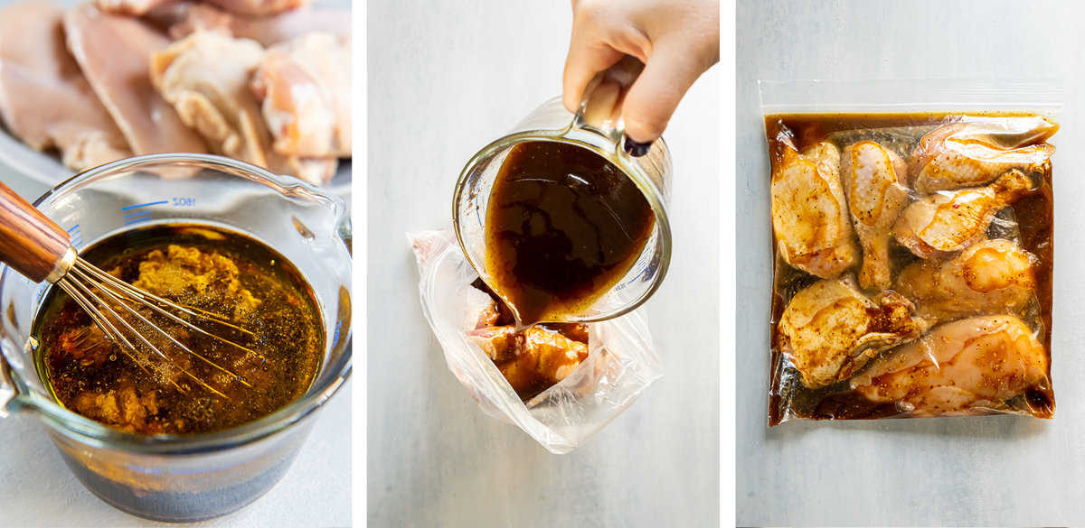 Marinade in a glass measuring cup poured over chicken in a plastic storage bag.