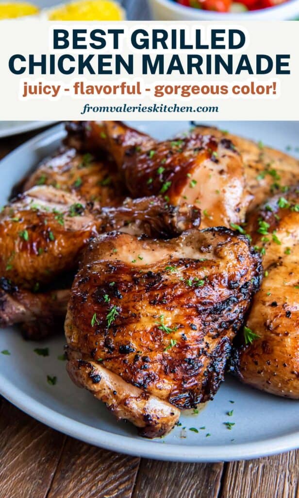 Grilled chicken on a white plate with corn on the cob in the background with text.