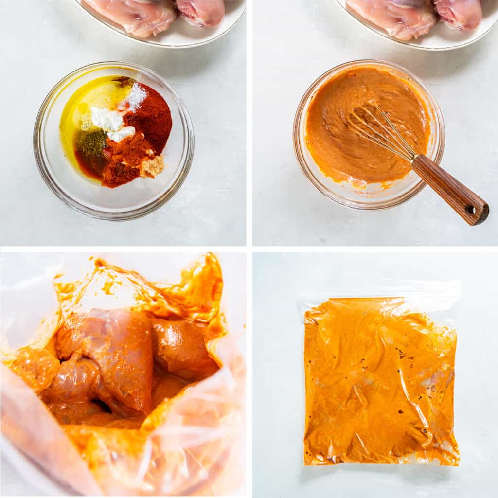 Four images of paprika chicken marinade in a bowl and a plastic bag with chicken.