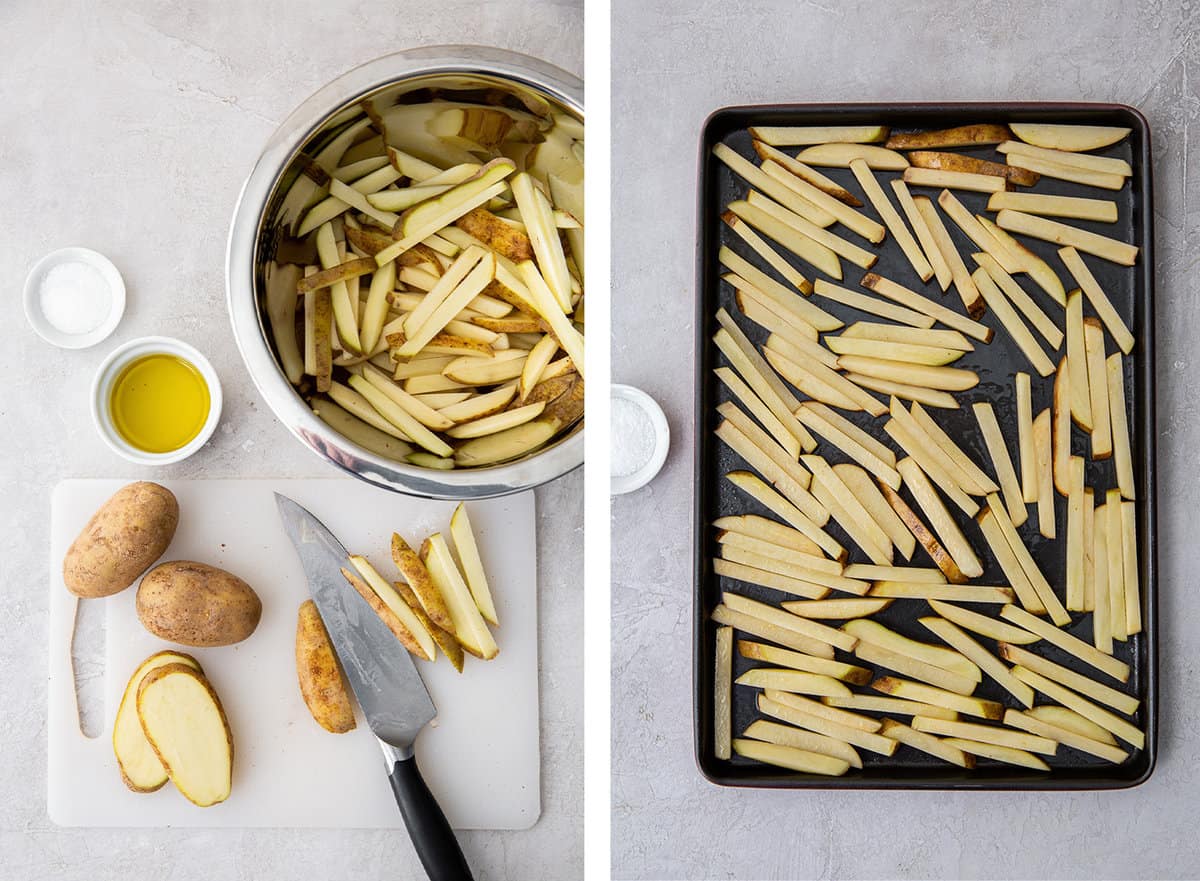 Sliced potatoes on a board, in a bowl, and on a baking sheet.