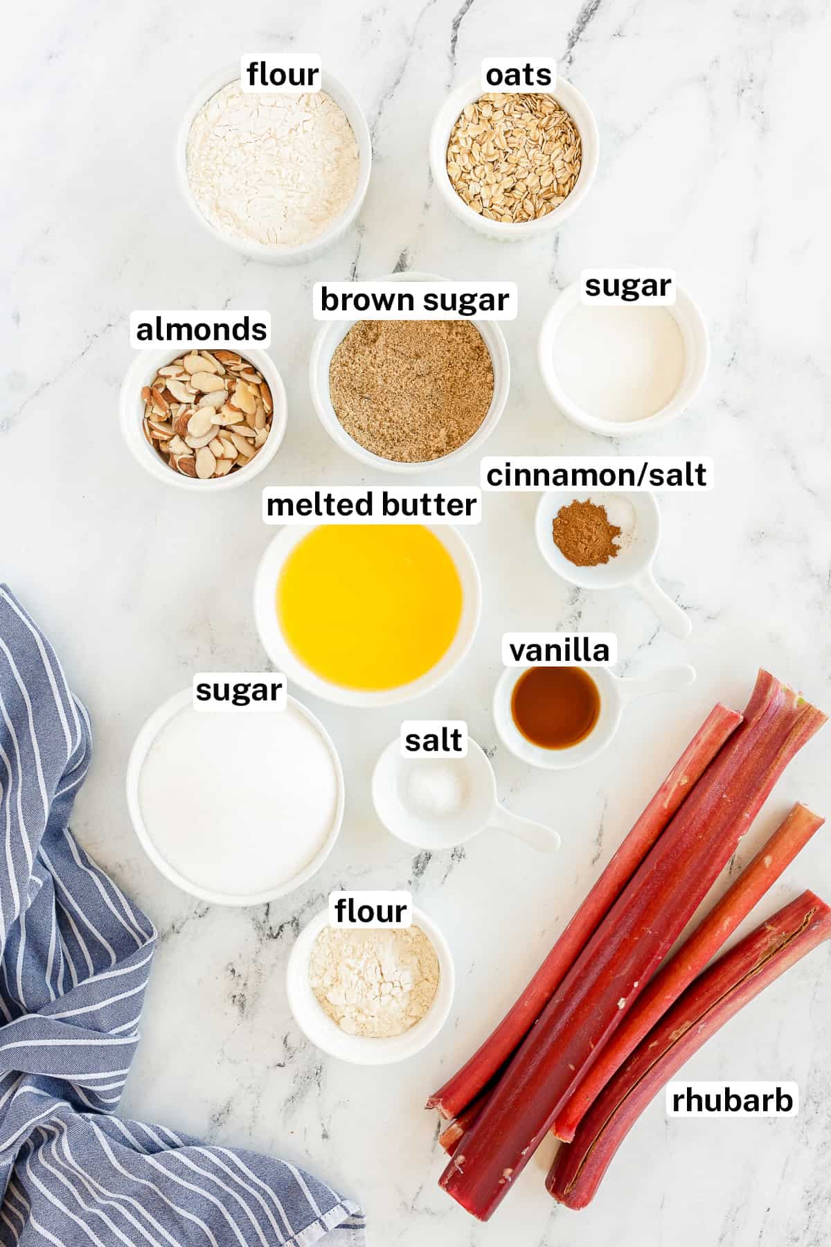 Ingredients for Rhubarb Crisp with text.