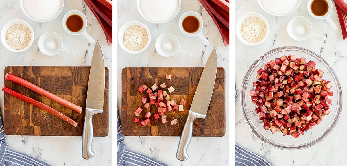 Rhubarb is sliced on a cutting board and sliced rhubarb in a bowl.