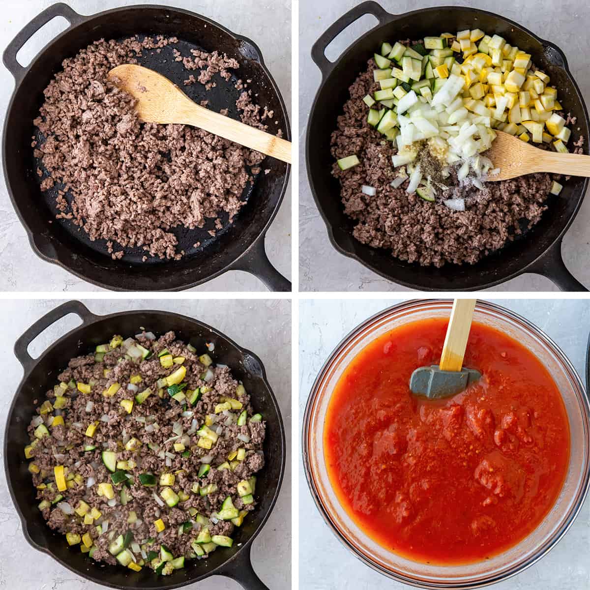 Ground beef and zucchini cooking in a skillet and marinara sauce in a bowl.