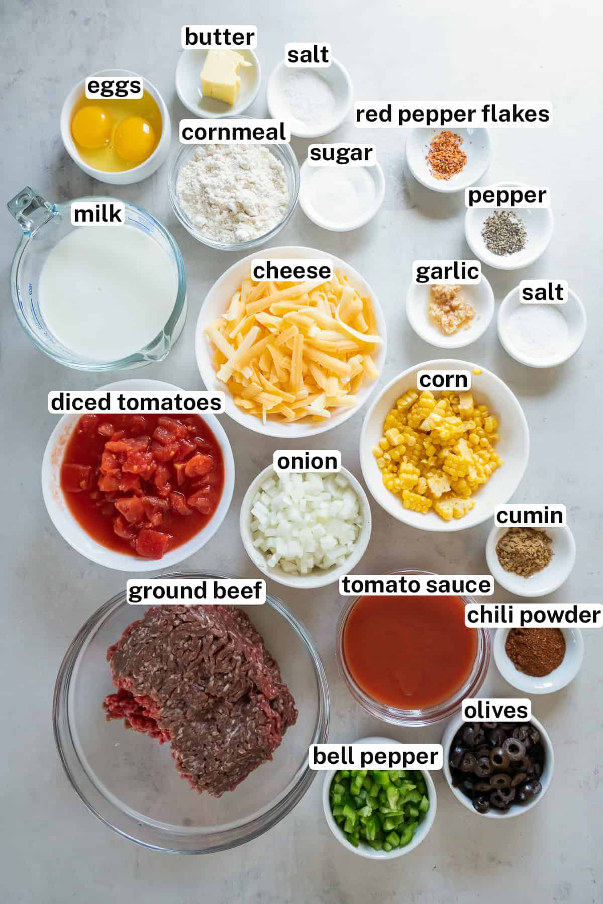 The ingredients for tamale pie with text.